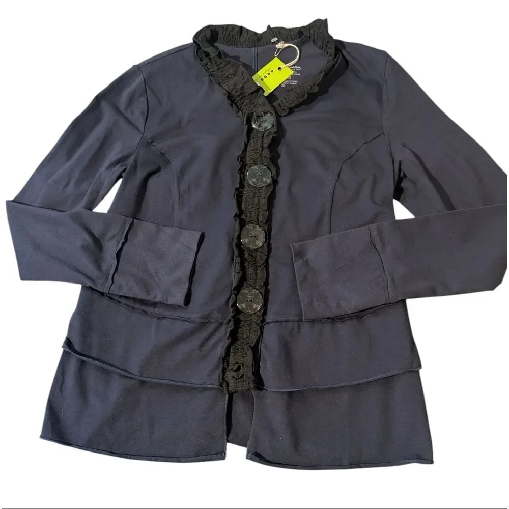 NEON BUDDHA WomeBlue Black Stretch Cotton Jacket Cardigan XS Button Front Ruffle